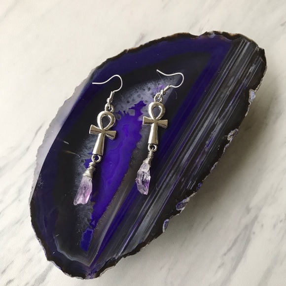 Amethyst silver plated ankh crosses earrings - Picture 6 of 8